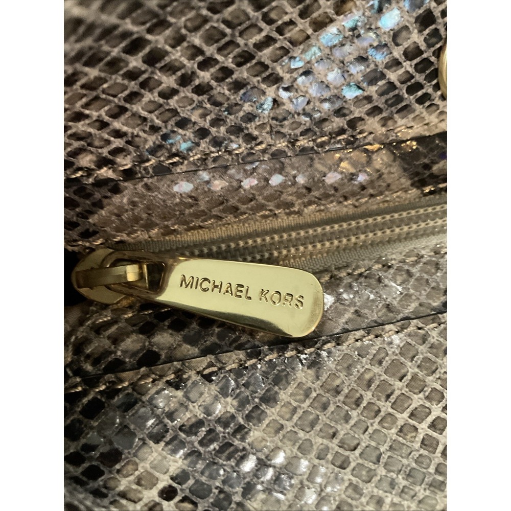 Michael Kors Python Tote Jet Set Tan Leather Shoulder Handbag MK Charm Logo - Picture 15 of 16